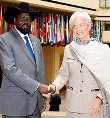 The President of the Republic of South Sudan, H. E. President Salva Kiir Mayardit shakes hands with International Monetary Fund Managing Director Christine Lagarde