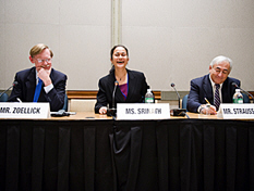 World Bank President Robert Zoellick, Ingrid Srinath, Secretary General of CIVICUS, and IMF Managing Director Dominique Strauss-Kahn at the 2008 CSO Townhall Meeting