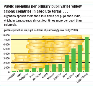 Public spending per primary pupils varies widely among countries in absolute terms...