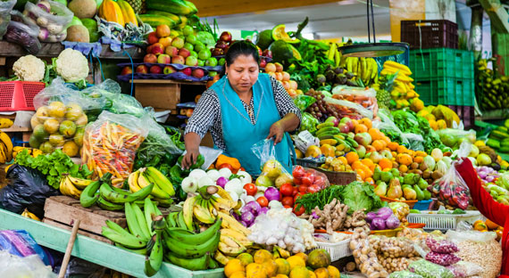 Vendedora de fruta en un mercado en Sangolquí, Ecuador, donde se espera que el nuevo plan económico restablezca el crecimiento y genere más empleo (iStock/PatricioHidalgoP)