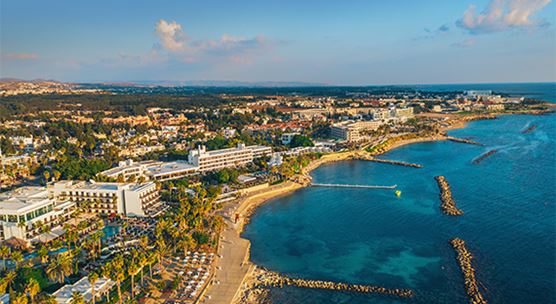 An aerial view of the embankment at Paphos, a popular tourist destination. Cyprus was particularly exposed to the economic impact of the pandemic due to its high reliance on tourism. (photo: DedMityay by Getty Images)