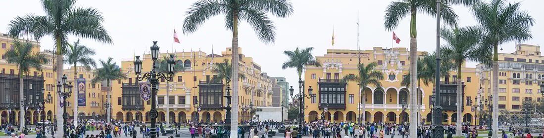 A panoramic view of people in the Plaza de Armas de Lima in the Peruvian capital city of Lima
