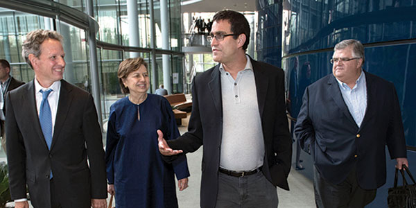 Timothy Geithner, Zeki Akhtar Aziz, Andrew Metrick, and Agustin Carstens on the Yale University campus.