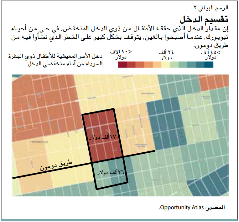 تقسيم الدخل إن مقدار الدخل الذي حققه الأطفال من ذوي الدخل المنخفض، في حي من أحياء نيويورك، عندما أصبحوا بالغين، يتوقف بشكل كبير على الشطر الذي نشأوا فيه من طريق دومون.