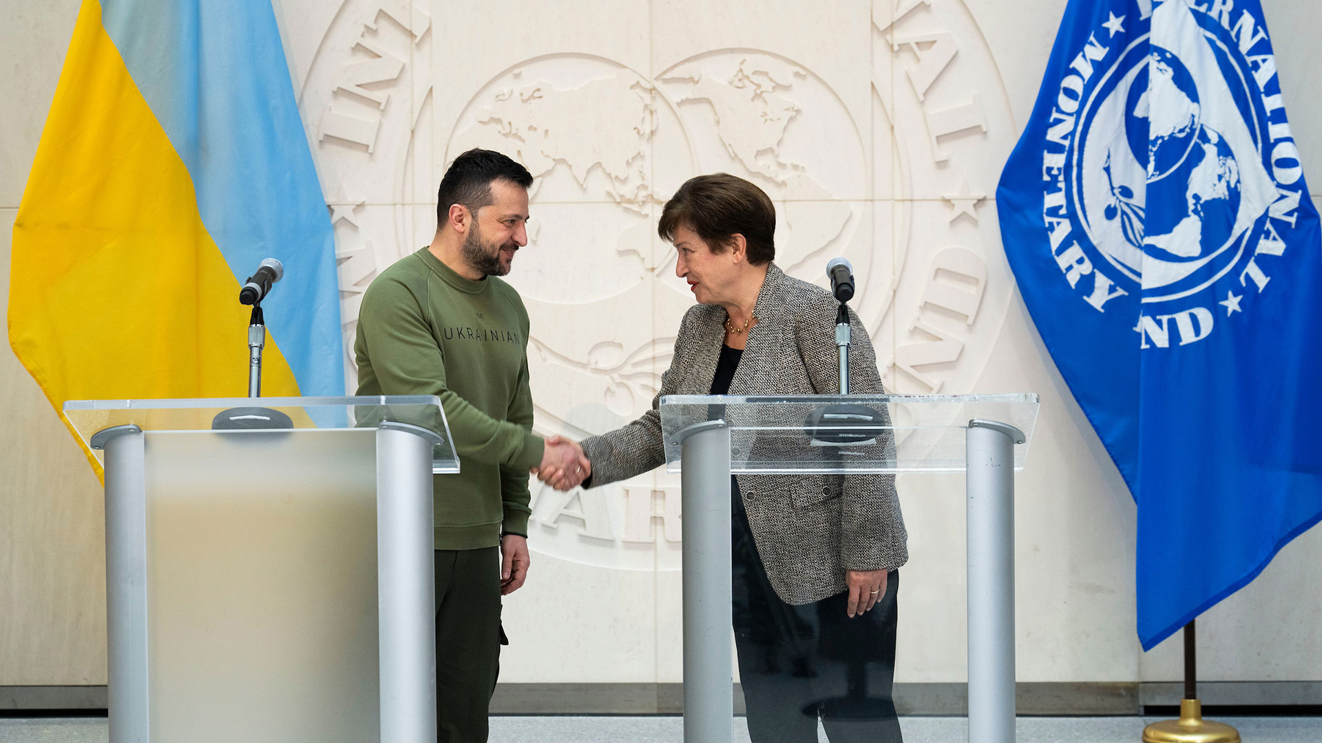 Managing Director Kristalina Georgieva meets with the President of Ukraine Volodymyr Zelenskyy at IMF headquarters in Washington D.C on December 11th 2023.  (IMF Photo/Kim Haughton)