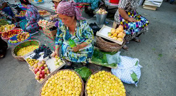 Samarkand, Uzbekistan: A women is sitting behind her fruit stand selling figs, a kind of tropical fruit in Siob Bazaar (photo: Tarzan/iStock by Getty Images)