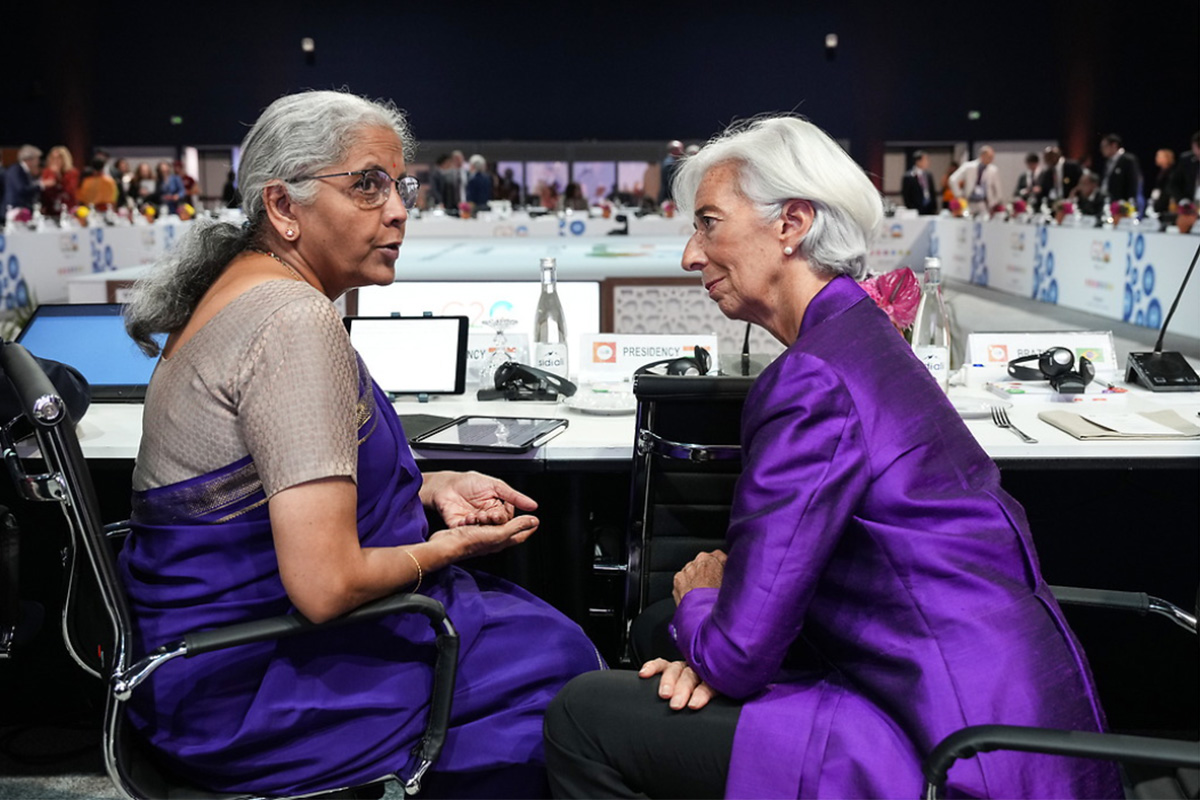 ECB President Christine Lagarde talks to Nirmala Sitharaman, the finance minister of India.