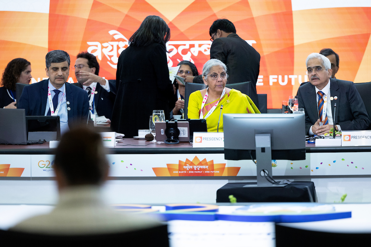 India Finance Minister Nirmala Sitharaman participates in a G20 Finance Ministers Dinner.