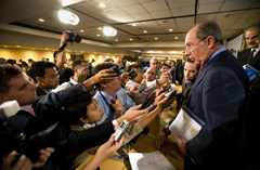 Rodrigo de Rato speaking to journalists near the end of his press conference at the Suntec Covention Center in Singapore