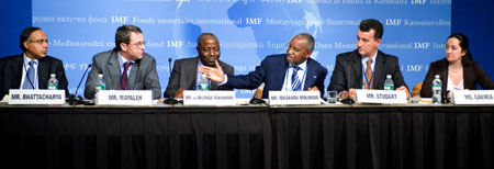 (L-R) Amar Bhattacharya, Adib Mayaleh, wa Bilenga Tshishimbi, Jean-Claude Masangu Mulongo, Rogerio Studart, Angela Gaviria (IMF photo)