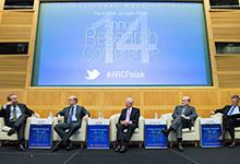 The conference concluding session featured (l-r) Larry Summers, Ken Rogoff, Stanley Fischer, Ben Bernanke and Olivier Blanchard (IMF photo) 