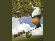 Lower union density is associated with  increased income shares at the top (illustration: Michael Gibbs) 