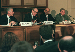 l to r Stanley Fischer, Michel Camdessus, Shailendra Anjaria, Graham Newman
