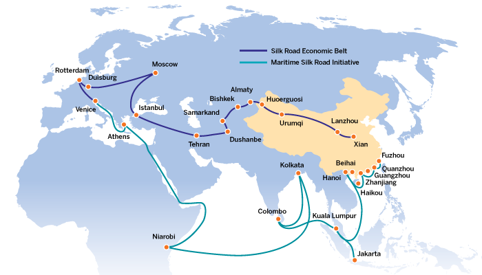Map of the intended infrastructure being built under the Belt and Road Initiative