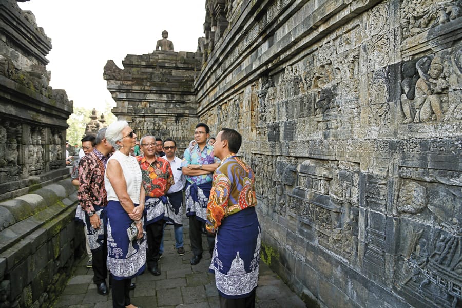 IMF Managing Director Christine Lagarde touring historical sites in Indonesia