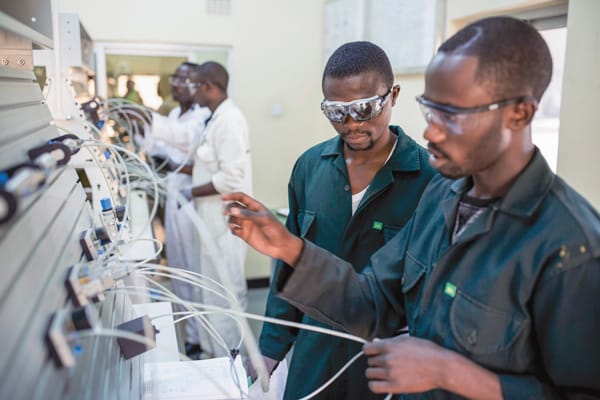 Technicians evaluating cables that connect instruments and equipment in a lab