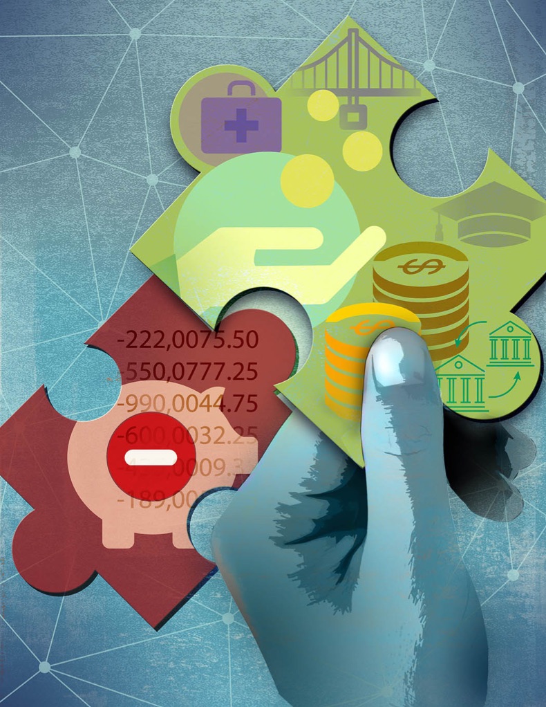 Illustration showing a hand holding a puzzle piece with coins on it