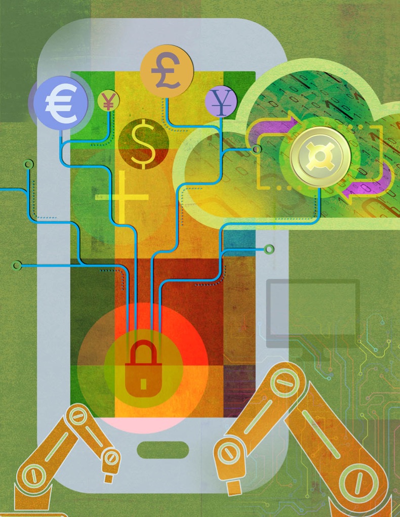 Illustration of different currencies connecting to a lock