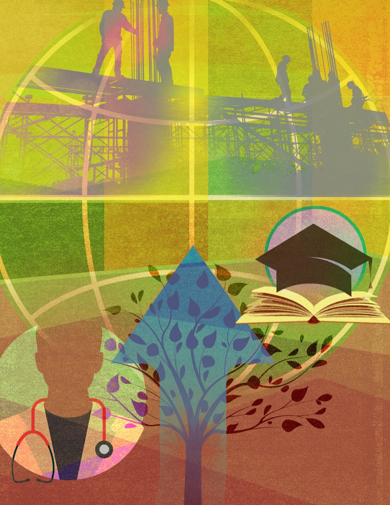 Illustration showing construction workers and a doctor with an up arrow