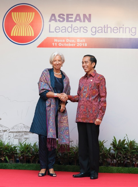 IMF Managing Director Christine Lagarde is greeted by Indonesia President Joko Widodo