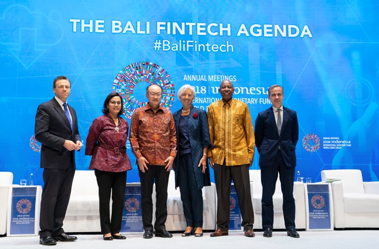 Panelists gather after the Bali Fintech Agenda event at the 2018 IMF-World Bank Annual Meetings in Bali, Indonesia.