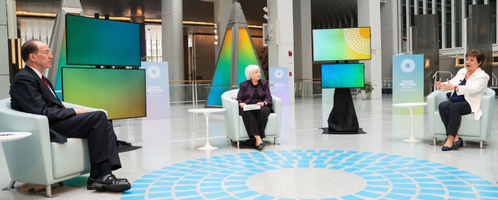 Kristalina Georgieva and Janet Yellen, Secretary of the United States Treasury, take part in a conversation on Economic Recovery: Toward a Green, Resilient, and Inclusive Future during the 2021 Spring Meetings in Washington D.C.