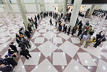 Job seekers in line to enter a job fair at the Jacob K. Javits Convention Center, New York, United States.