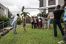 Nigerian actor Wole Ojo and Moroccan actress Fatym Layachi during the shooting of the movie The CEO in Lagos, Nigeria.
