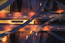Aerial view of city overpass at dusk, Los Angeles, California, United States.