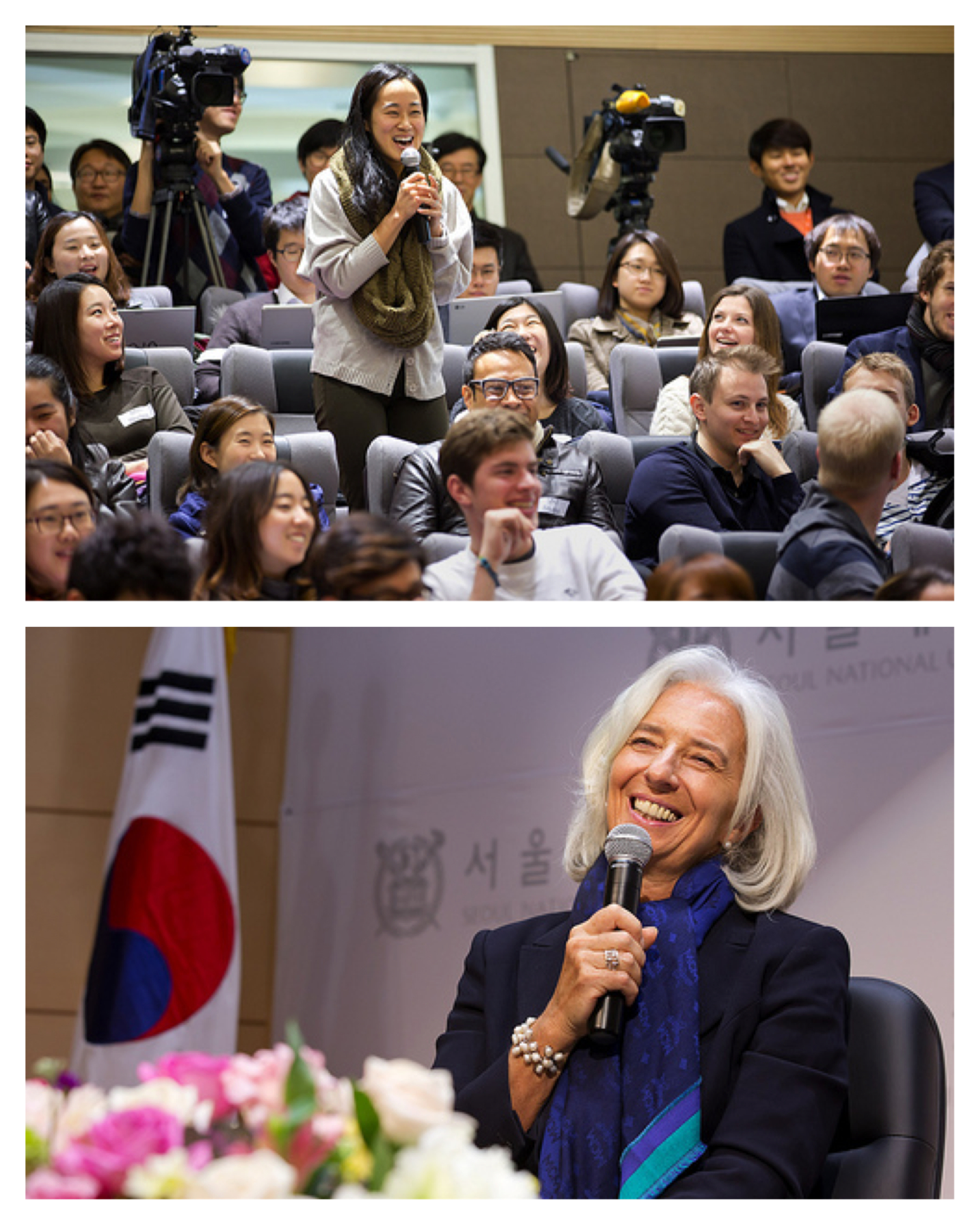 A student asks International Monetary Fund Managing Director Christine Lagarde a question after she spoke at the Student Town Hall at Seoul National University December 5, 2013 in Seoul, Korea Lagarde is on a three country visit to Asia. IMF Photograph/Stephen Jaffe