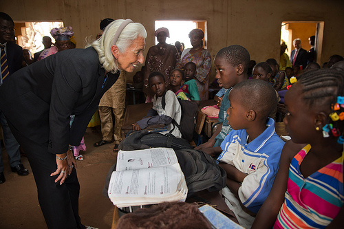 International Monetary Fund Managing Director Christine Lagarde visits a primary school January 10, 2014 in Bamako, Mali. Lagarde is on a two country visit to Africa. IMF Photograph/Stephen Jaffe