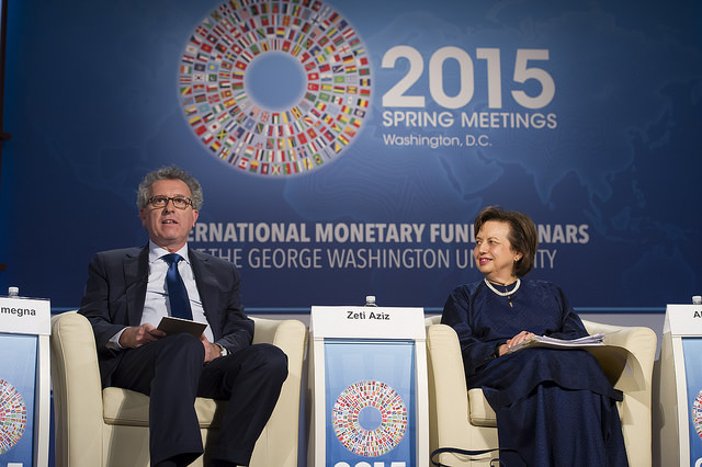 Pierre Gramegna(left), Minister of Finance for Luxembourg, speaks along with Zeti Akhtar Aziz, Governor, Bank Negara Malaysia at the seminar Islamic Finance: Unlocking its Potential and Supporting Stability as part of the 2015 IMF/World Bank Spring Meetings on Thursday, April 16 in Washington, D.C. IMF Photo/Ryan Rayburn
