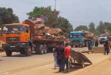 Transport de grumes au Cameroun, pays dont les indicateurs d’infrastructure, notamment routière, sont faibles en regard des normes régionales (photo: Reinnier Kaze/AFP/Getty/Newscom) 