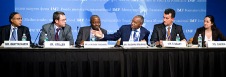 (L-R) Amar Bhattacharya, Adib Mayaleh, wa Bilenga Tshishimbi, Jean-Claude Masangu Mulongo, Rogerio Studart, Angela Gaviria (IMF photo)