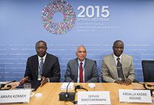 Ministers Konneh,Rokotoarimanana,and Assane at a news conference during the IMF-World Bank Spring meetings in Washington 