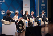 IMF’s David Lipton (center) was joined by Alfonso Prat-Gay, (far right) Gene Frieda, and Ksenia Yudaeva. Axel Threlfall (far left), of Reuters, moderated the panel discussion (IMF photo)  